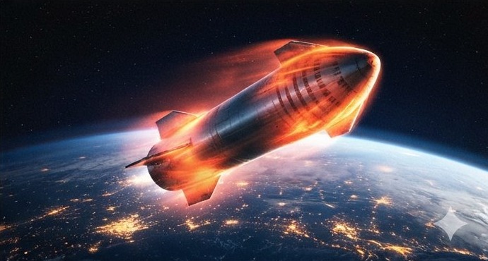 Starship during atmospheric reentry over night-side Earth — AI concept