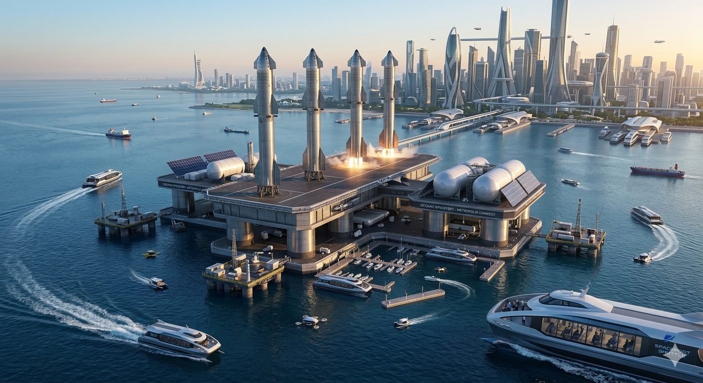 AI concept: offshore sea-rig spaceport staging four Starships, city skyline beyond