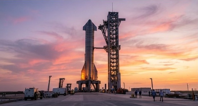 Starship and Super Heavy stacked on the launch mount at sunset — AI concept render