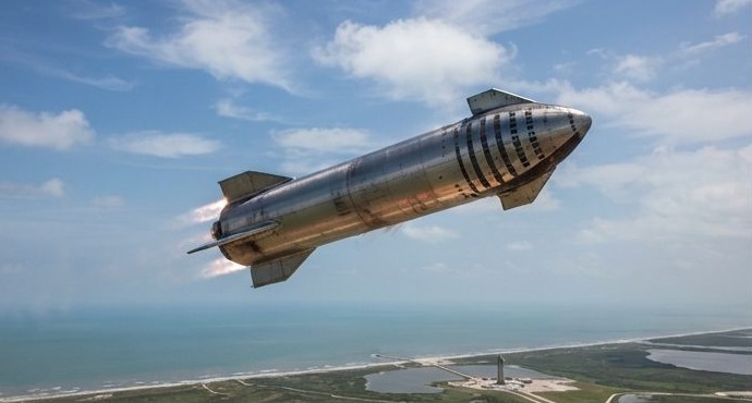 Starship in atmospheric flight above a coastline — AI concept